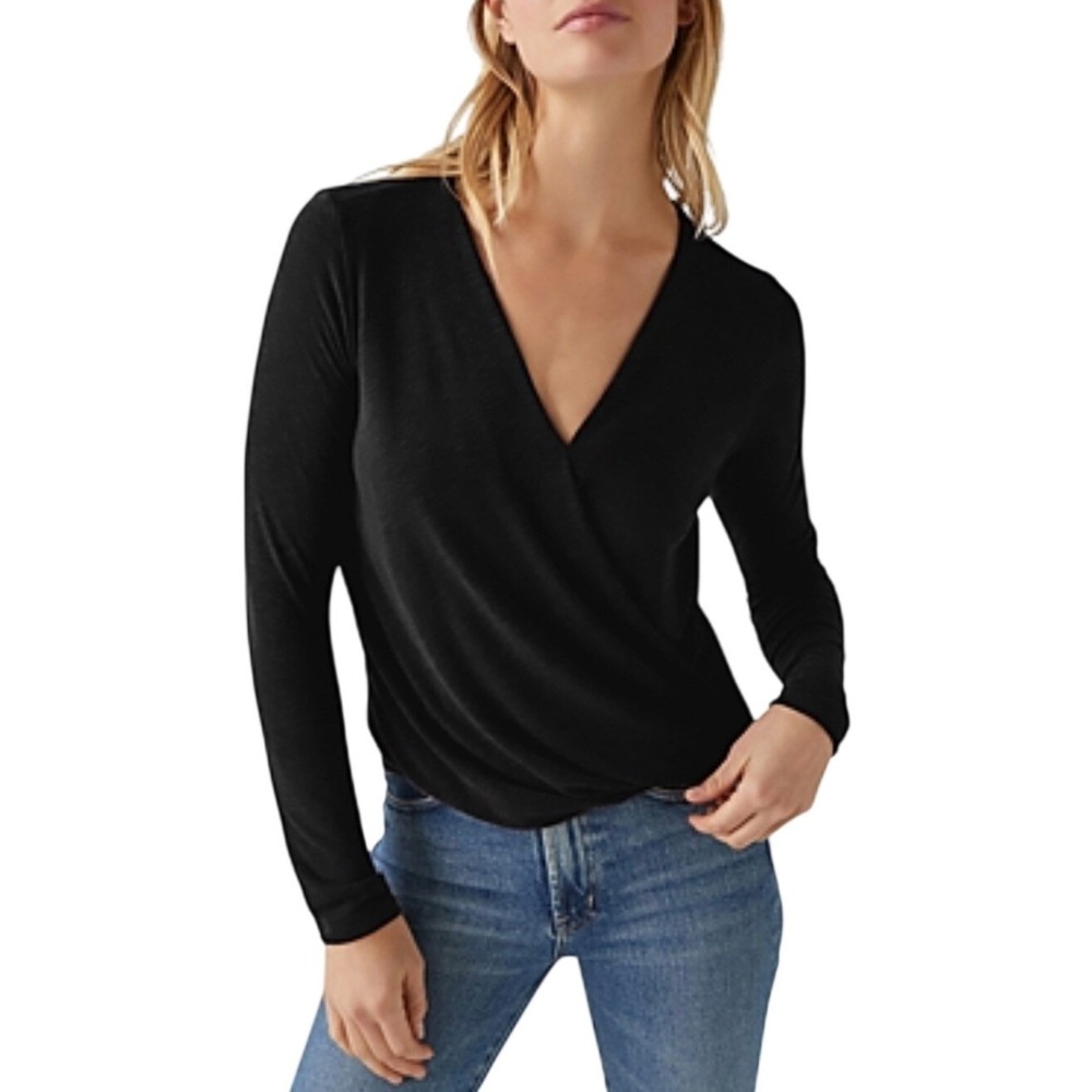 Michael Stars Black Supima Cotton Ruched V-Neck Long Sleeve Wrap Top OS